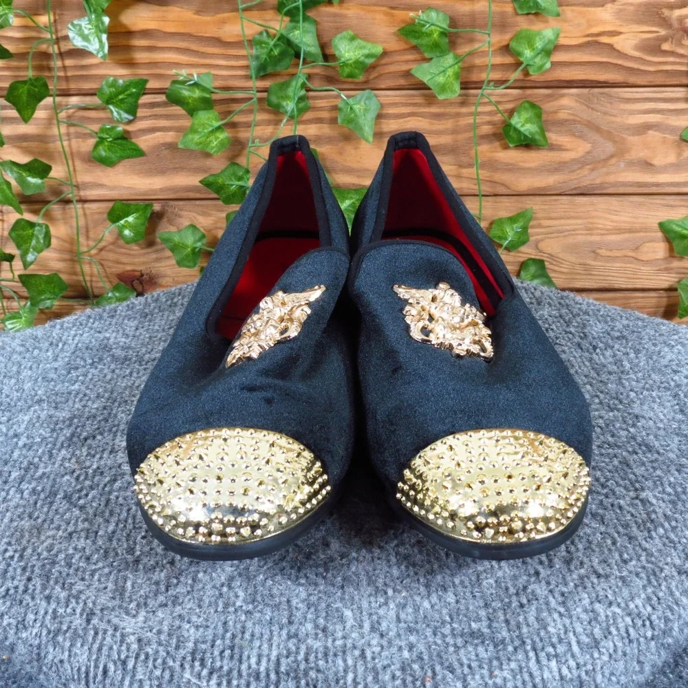 JITAI Velvet Crest Mens Loafers Size 12 Formal Wedding Party Black Gold Spiked